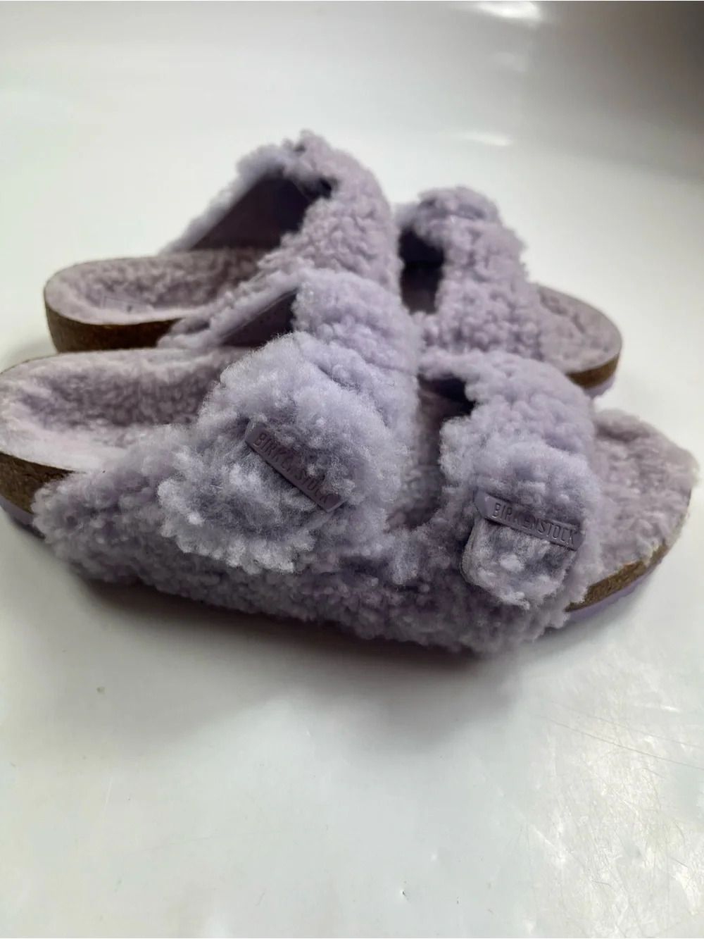BIRKENSTOCK Arizona Girls Teddy Sandals Shearling Fur Lilac Purple Size L3 EU 34